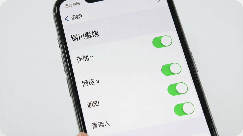 一张手机屏幕显示应用权限管理设置的界面,主体是手机设置页面,屏幕中显示“铜川融媒”权限管理选项,布局为列表式开关按钮,排版包含存储、网络、通知等权限条目,风格为系统原生风,细节上开关状态清晰可见,背景为干净的浅灰色,画质高清,干净,无多余元素