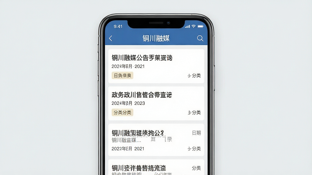 一张展示政务公告查询界面的手机应用截图,主体是手机屏幕,屏幕中显示“铜川融媒”公告列表,布局为清晰的信息条目排列,排版包含公告标题、日期和分类标签,风格为简洁商务风,细节上文字清晰可辨,背景为干净的浅灰色,画质高清,干净,无多余元素