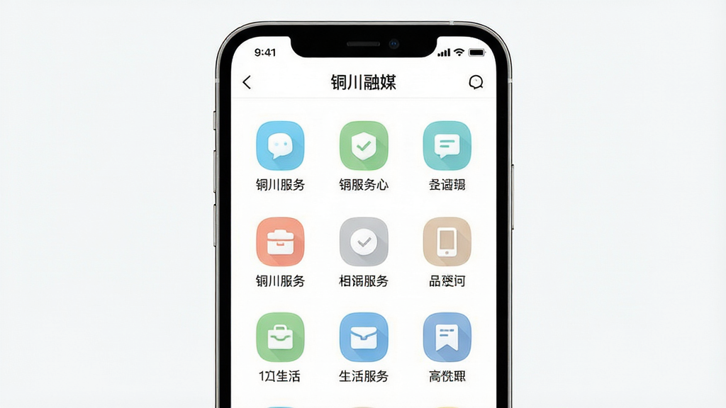 一张展示便民服务功能模块的手机APP界面,主体是手机屏幕,屏幕中显示“铜川融媒”服务页面,布局为九宫格图标排列,排版包含各类生活服务入口图标和文字说明,风格为清新浅色风,细节上图标设计简洁易懂,背景为干净的白色,画质高清,干净,无多余元素