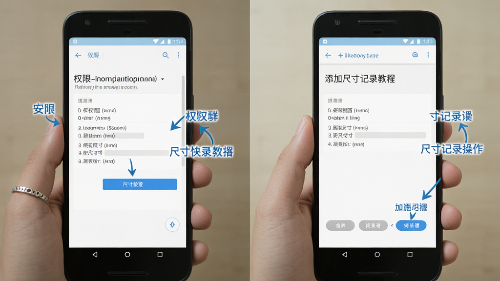 尺寸快记助手使用教程示意图,一部安卓手机展示安装权限设置界面和尺寸记录操作步骤,布局为左右分栏,左侧为权限设置截图,右侧为添加尺寸记录截图,风格为简洁教程风,细节包含箭头指引和文字标注,画质清晰,干净,无多余元素