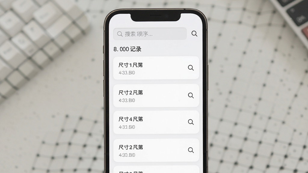 尺寸快记助手历史记录智能排序功能展示,手机屏幕中显示按时间倒序排列的尺寸记录列表,顶部有搜索框,布局为纵向卡片列表,排版清晰,风格为素雅极简设计,细节包含时间标签和搜索图标,画质清晰,干净,无多余元素