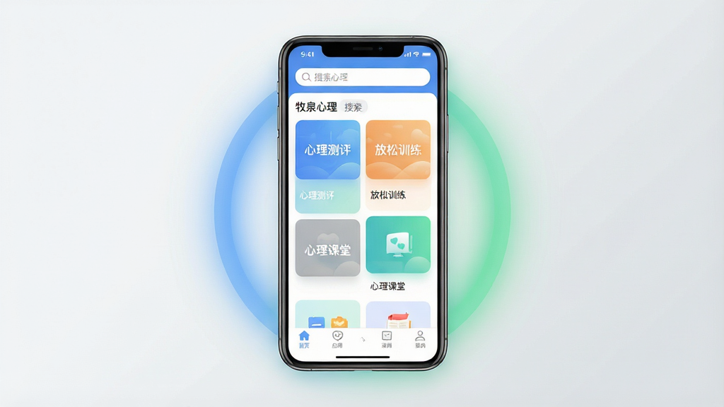 一张展示牧泉心理应用主界面的手机预览图,画面中央是一部竖屏手机,手机屏幕内显示牧泉心理APP的首页,首页包含顶部搜索栏、中部功能卡片和底部导航栏,功能卡片上写有“心理测评”“放松训练”“心理课堂”等文字,手机周围环绕柔和的蓝色和绿色光晕,背景为干净的浅灰色渐变,整体风格清新简约,画质高清,干净无多余元素