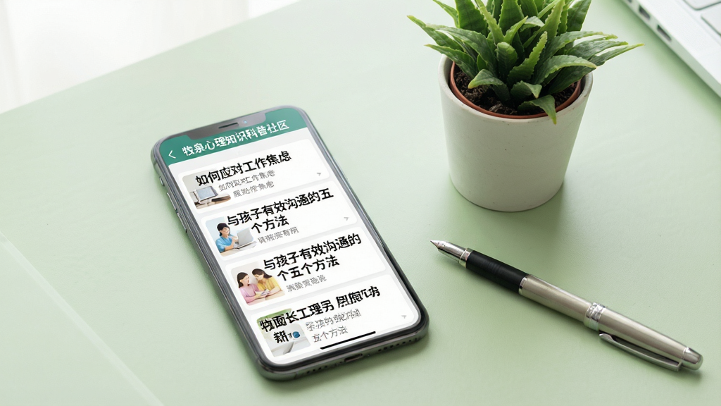 一张牧泉心理知识科普社区页面的展示图,画面中一部手机屏幕显示牧泉心理的社区文章列表,文章标题包括“如何应对工作焦虑”“与孩子有效沟通的五个方法”等,手机旁边有一盆小绿植和一支笔,背景为淡绿色桌面,光线明亮柔和,整体风格清新自然,画质清晰,干净无多余元素