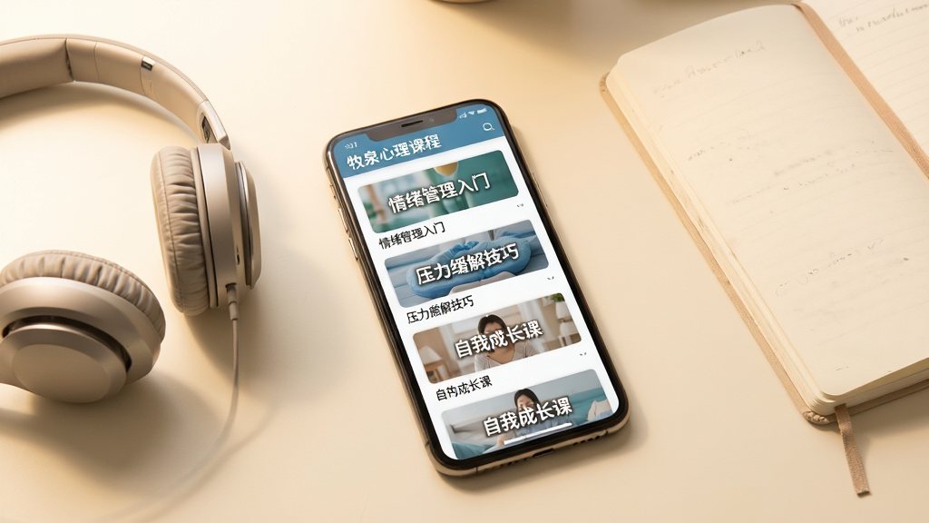 一张牧泉心理课程学习界面的场景图,画面中心是一部手机,手机屏幕显示牧泉心理的课程列表页面,页面上有“情绪管理入门”“压力缓解技巧”“自我成长课”等课程封面,手机旁边放着一副耳机和一本笔记本,背景为温暖的米白色桌面,光线柔和,整体风格温馨安静,画质清晰,干净无多余元素
