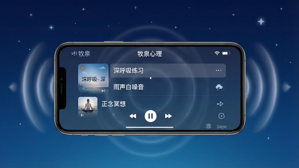 一张牧泉心理放松音频播放界面的图片,画面中央一部手机横屏放置,屏幕显示牧泉心理的音频播放器界面,播放器上有“深呼吸练习”“雨声白噪音”“正念冥想”等音频条目,手机周围漂浮着柔和的声波纹理,背景为深蓝色夜空渐变,点缀少量星星,整体氛围宁静放松,画质高清,干净无多余元素