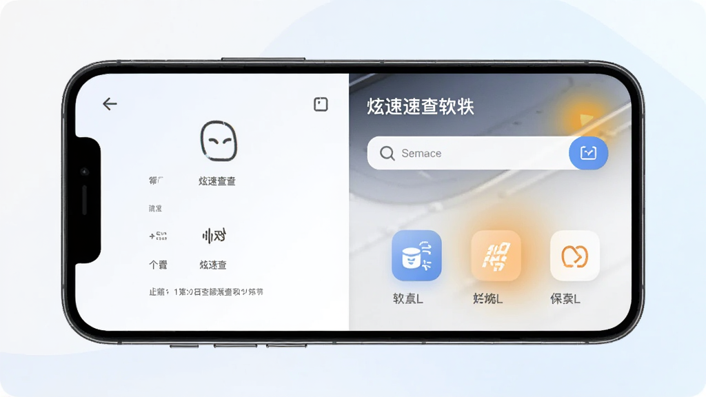 一张展示炫速查软件主界面的手机UI设计图,画面中央是一部现代智能手机,屏幕上显示着炫速查的首页,包含搜索框和多个功能图标,背景为浅色渐变,风格简洁现代,画质清晰,干净,无多余元素