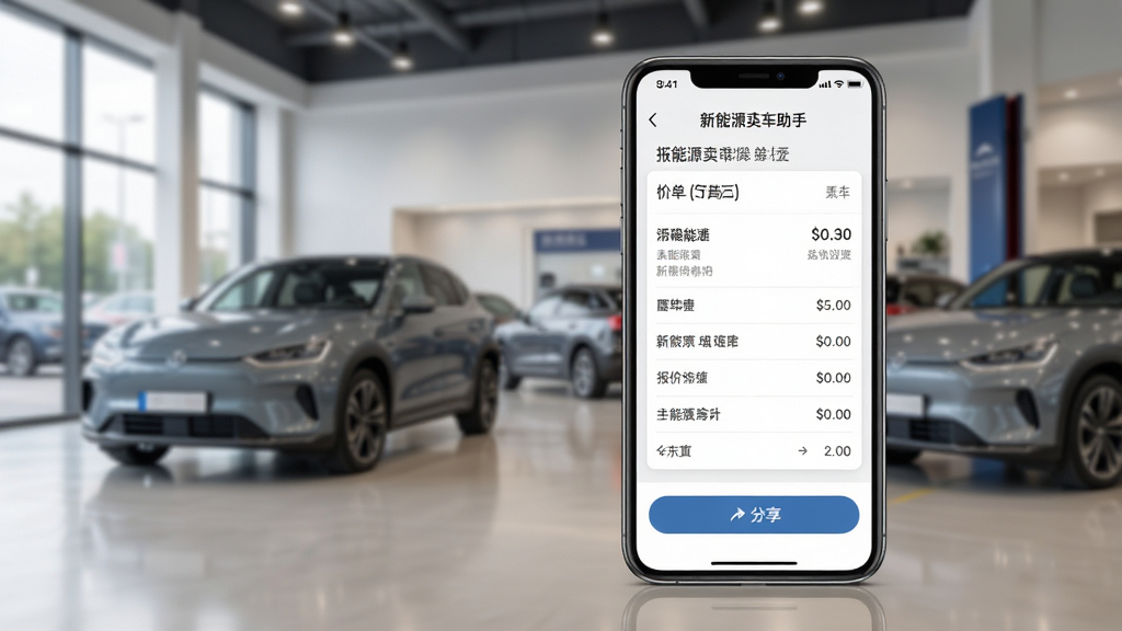 新能源卖车助手报价单生成界面,手机屏幕展示报价明细与分享按钮,背景为汽车销售门店,主体为手机与报价单据,布局居中,排版干净,风格商务专业,细节清楚,画质高清,干净,无多余元素