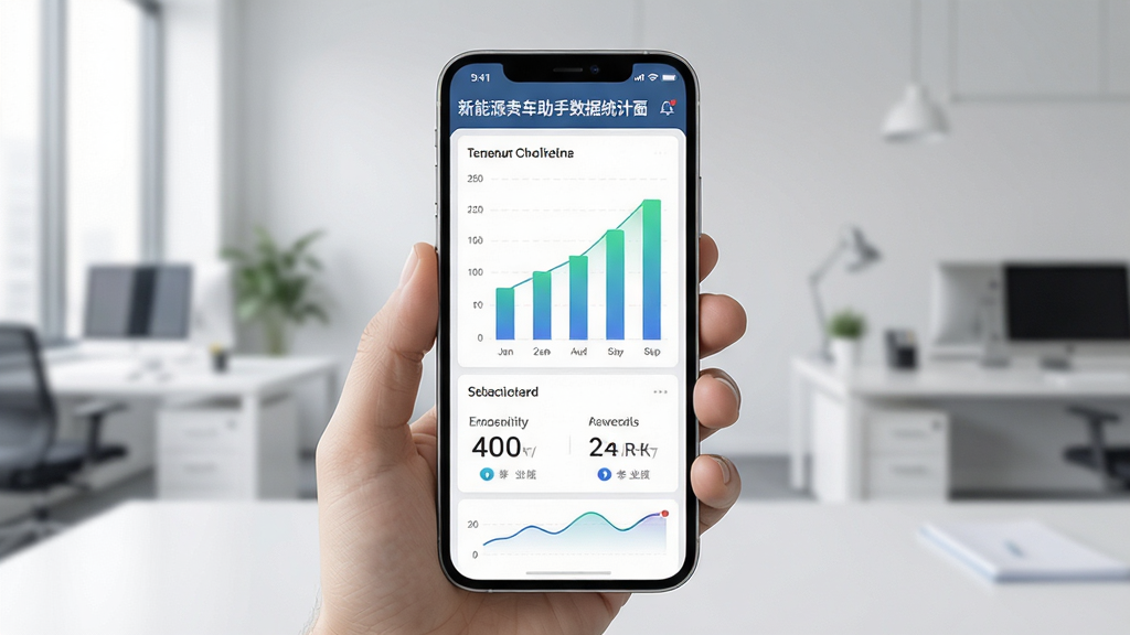 新能源卖车助手数据统计界面,手机屏幕显示柱状图与业绩数字,背景为简洁的办公环境,主体为手机与数据图表,布局居中,排版清晰,风格数据可视化,细节明了,画质高清,干净,无多余元素
