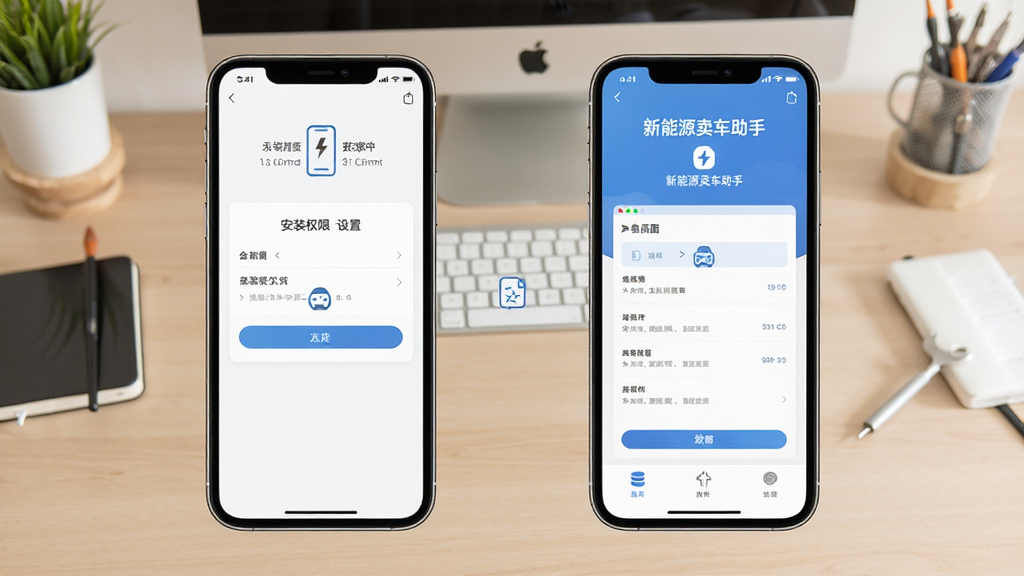 新能源卖车助手移动端操作示意图,画面展示手机屏幕上的安装权限设置与软件主界面,背景为简洁的桌面环境,主体为手机与操作步骤图标,布局上下排列,排版直观,风格教程示意,细节清楚,画质高清,干净,无多余元素