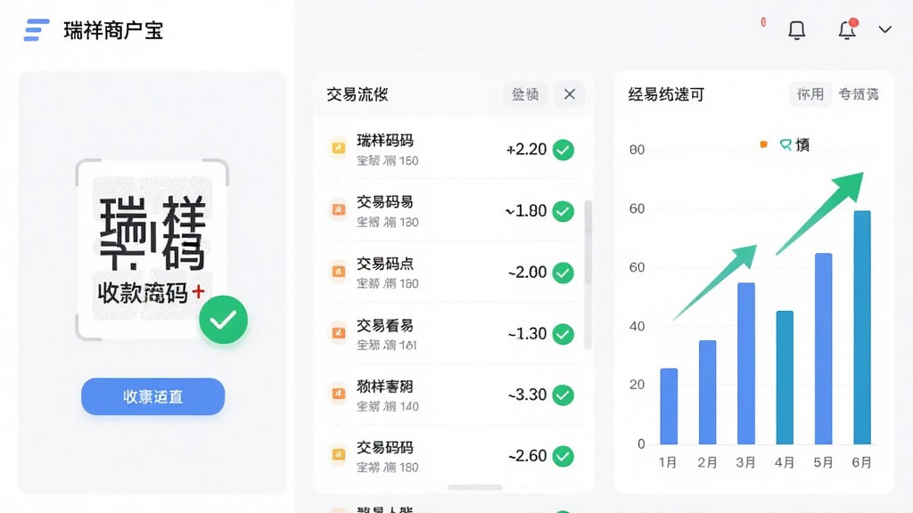 主体为瑞祥商户宝应用界面展示经营数据看板,布局采用三分屏排列,左侧显示收款码,中间为交易流水列表,右侧为柱状统计图,排版简洁明了,风格为现代扁平化UI设计,细节包括数据图表上的上升箭头和绿色对勾图标,画质高清,干净,无多余元素
