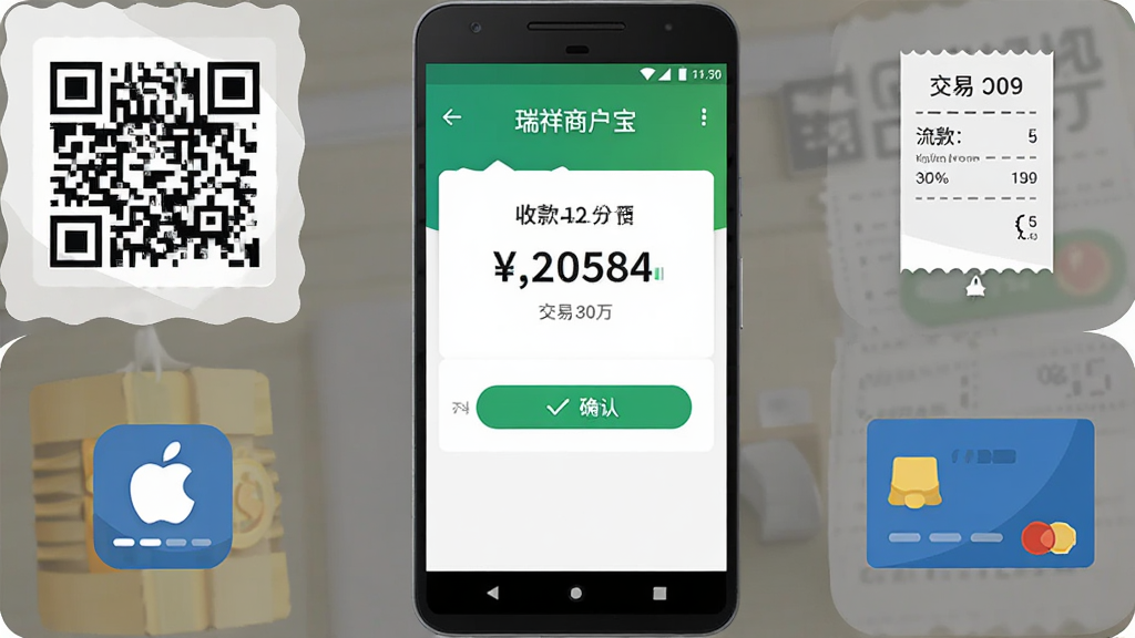 主体为一部安卓手机屏幕显示瑞祥商户宝收款界面,布局采用居中构图,手机两侧环绕商户收款码、交易流水小票和会员卡图标,排版整齐有序,风格为扁平化商务插画,细节包括界面上的收款金额数字和绿色确认按钮,画质高清,干净,无多余元素