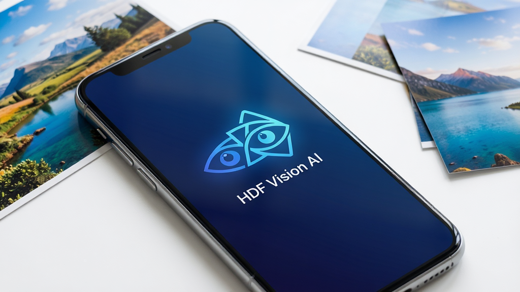 一张展示智能手机屏幕特写的图片,屏幕中央显示着“HDF Vision AI”的软件启动界面,界面采用深蓝色渐变背景,中央有发光的抽象眼睛与几何图形组合标志。手机放置在一张干净的白色桌面上,旁边散落着几张刚打印出来的高清风景照片,照片色彩鲜艳。整体布局采用俯视微距视角,光线柔和明亮,风格科技且简约,细节清晰可见手机边框的金属质感与屏幕的玻璃反光。画质为4K超高清,画面干净,无多余元素。
