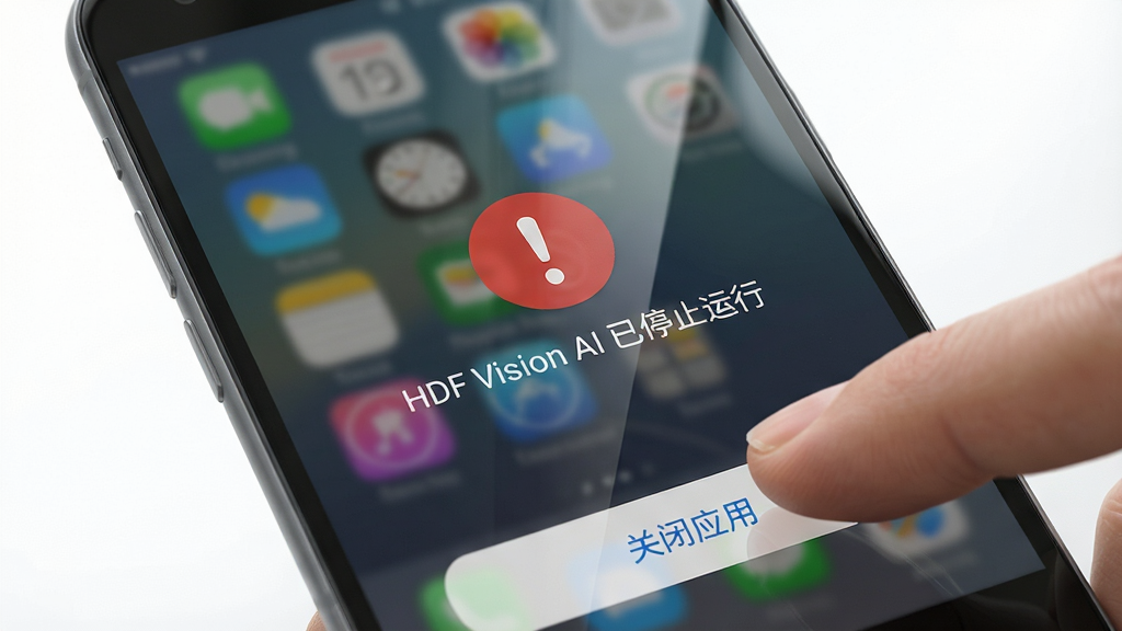 一张展示手机屏幕出现错误提示的示意图,屏幕中央显示一个红色感叹号图标,下方文字为“HDF Vision AI 已停止运行”,背景是模糊的手机桌面。画面采用特写视角,风格写实,细节展现屏幕玻璃的反光与手指准备点击“关闭应用”按钮的瞬间。画质清晰,画面干净,无多余元素。