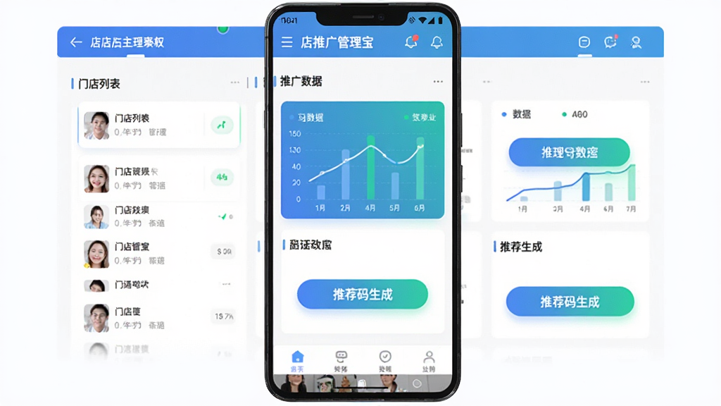 来推荐店播宝软件主界面展示,主体为一部安卓手机屏幕,屏幕上显示店播推广管理面板,包含门店列表、推广数据图表、推荐码生成按钮等模块,布局清晰分为顶部导航栏、中部数据卡片区、底部功能入口,排版采用上下结构左右分栏,风格为现代简约商务风,细节上按钮带有微渐变和圆角,数据图表使用蓝绿配色,画质高清干净无多余元素