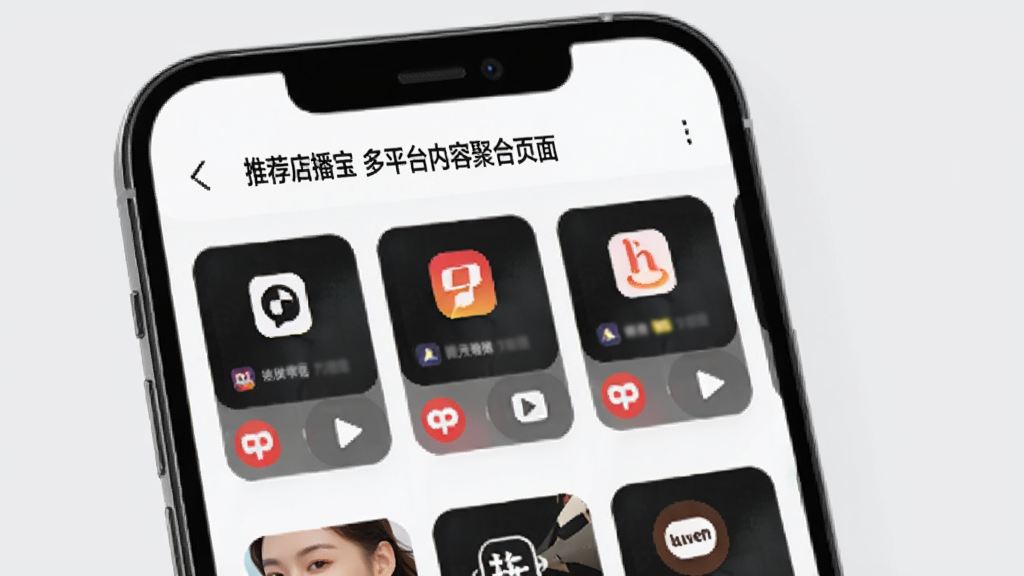 来推荐店播宝多平台内容聚合页面,主体为手机屏幕显示多个直播卡片横向排列,布局为顶部标题栏加下方卡片流,排版整齐有序,风格为柔和圆角卡片风,细节上每个卡片带有平台图标和播放按钮,背景为浅灰色,画质高清干净无多余元素