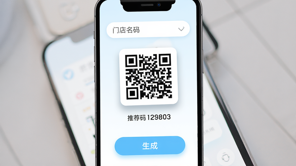 来推荐店播宝推荐码生成界面,主体为手机屏幕特写,屏幕中央显示一个二维码和推荐码数字,周围环绕门店名称输入框和生成按钮,布局采用居中对称排版,风格为清新浅色科技风,细节上二维码带有柔和阴影,按钮为圆角胶囊形,画质高清干净无多余元素