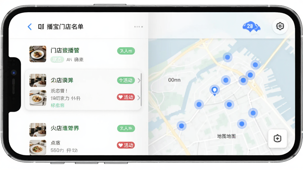 来推荐店播宝门店名单管理界面,主体为手机屏幕展示门店列表和地图标记,布局为左侧列表右侧地图的左右分栏,风格为素雅极简商务风,细节上列表项带有状态标签和活动图标,地图标记为蓝色圆点,画质高清干净无多余元素