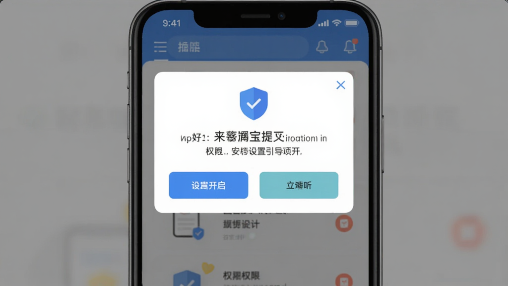 来推荐店播宝安装设置引导页面,主体为手机屏幕显示权限开启提示弹窗,布局为居中弹窗覆盖在软件界面上方,风格为扁平化提示框风格,细节上弹窗带有盾牌安全图标和两个按钮,背景为半透明遮罩,画质高清干净无多余元素