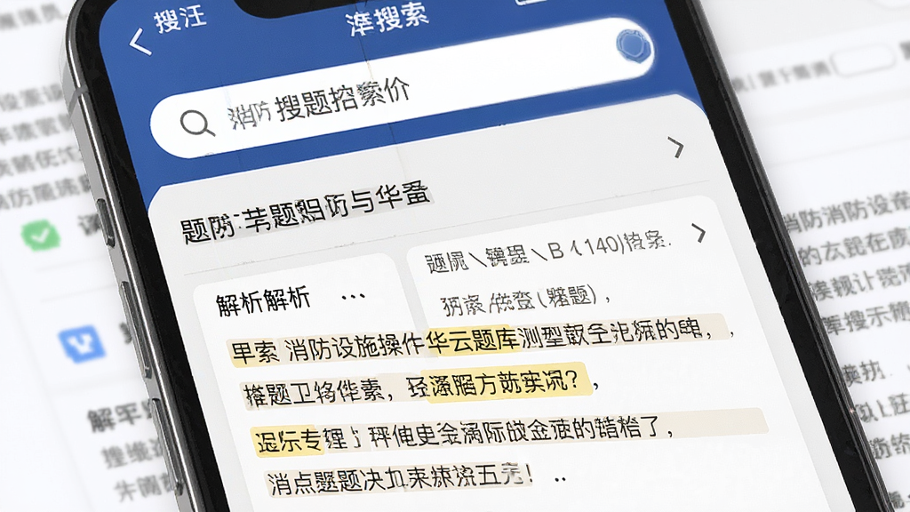 消防设施操作员华云题库搜题与解析界面预览图,主体为手机屏幕展示搜索框与解析详情页,布局上方搜索框下方文字解析,排版疏朗,风格为阅读友好型,细节包含高亮关键词与规范条文引用,画质高清,干净,无多余元素