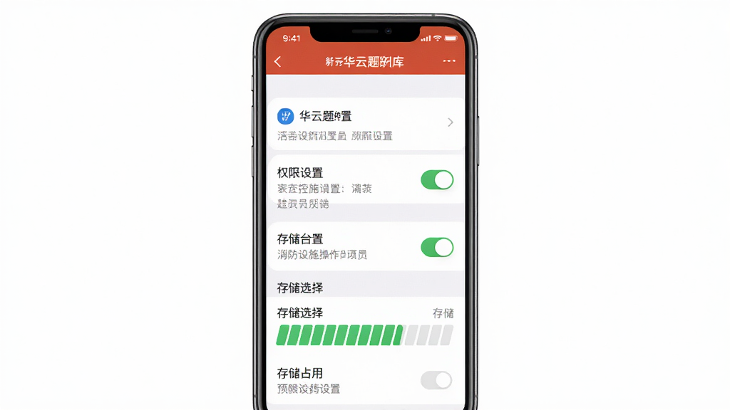 消防设施操作员华云题库新手安装设置界面预览图,主体为手机屏幕展示权限设置与存储选择页面,布局为纵向列表,排版包含开关按钮与说明文字,风格为系统设置类UI,细节有权限图标与存储占用条,画质高清,干净,无多余元素