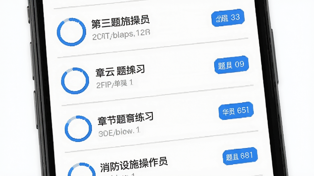 消防设施操作员华云题库章节练习界面预览图,主体为手机屏幕展示章节列表,布局为纵向滚动列表,排版包含章节名称与题目数量标签,风格为清爽教育风,细节有蓝色进度环与灰色分割线,画质高清,干净,无多余元素
