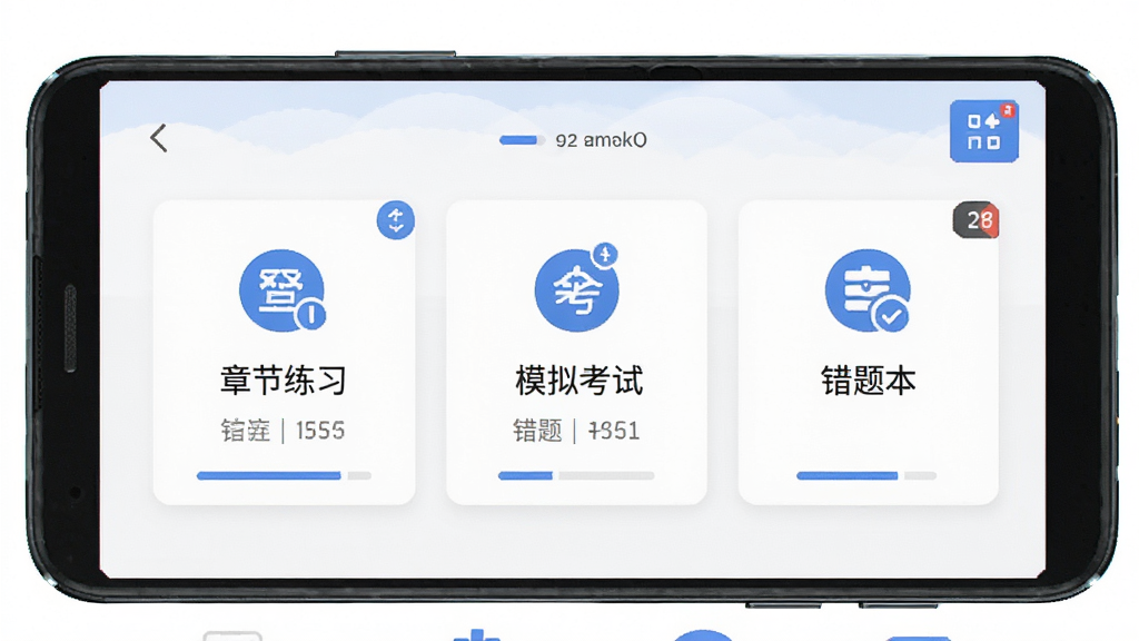 消防设施操作员华云题库软件主界面预览图,主体为一部安卓手机正视图,屏幕内展示题库首页包含章节练习、模拟考试、错题本等入口卡片,布局居中对称,排版简洁清晰,风格为扁平化教育类应用UI,细节包含蓝白配色图标、进度条与题目数量角标,画质高清,干净,无多余元素