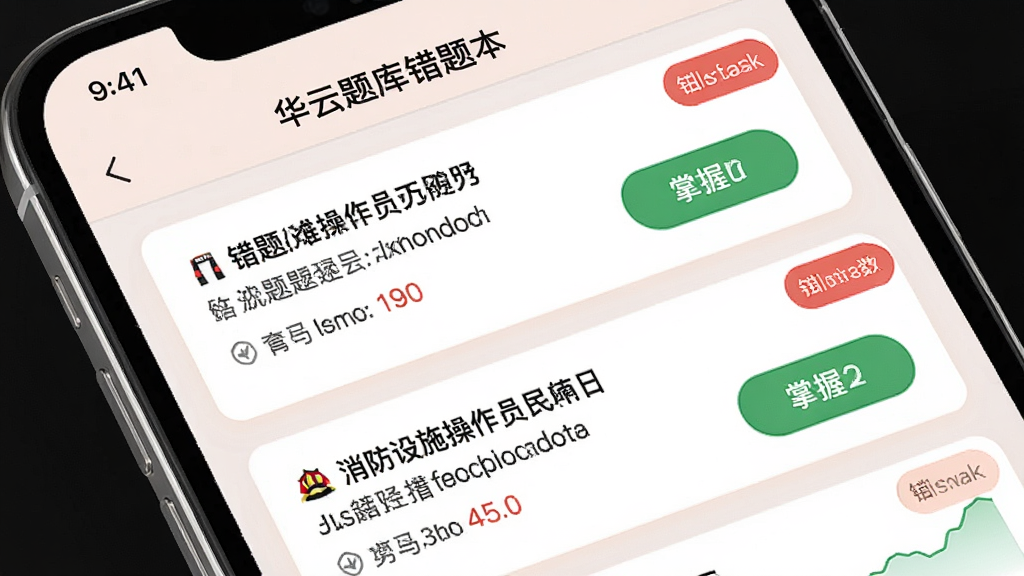 消防设施操作员华云题库错题本界面预览图,主体为手机屏幕展示错题列表,布局为卡片式排列,排版包含题目摘要与错误次数角标,风格为柔和浅色系,细节有红色错误标记与绿色掌握按钮,画质高清,干净,无多余元素