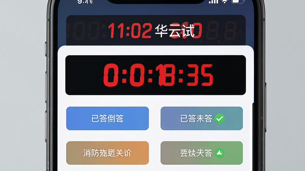 消防设施操作员华云题库模拟考试界面预览图,主体为手机屏幕展示考试倒计时与答题卡,布局上方为计时器下方为选项按钮,排版紧凑,风格为严肃考试类UI,细节包含红色倒计时数字与已答未答状态标记,画质高清,干净,无多余元素