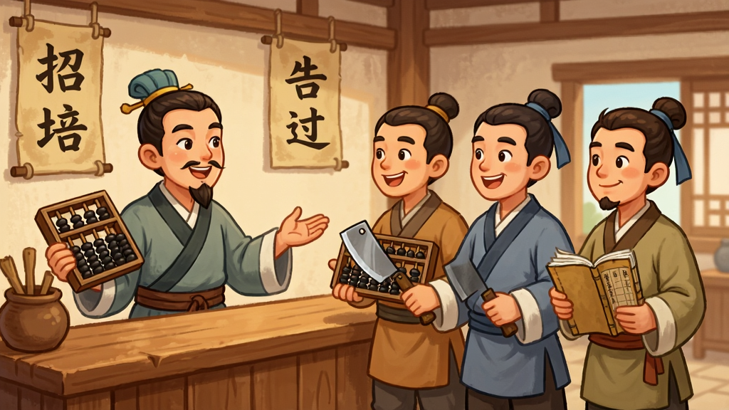 大店小二员工招募与培养界面概念图,画面展示一位古代掌柜正在面试三位应聘者,应聘者分别手持算盘、菜刀与账本,背景是木质柜台与悬挂的招工告示,风格为古风卡通,色彩温暖,细节到位,画质清晰,无多余装饰