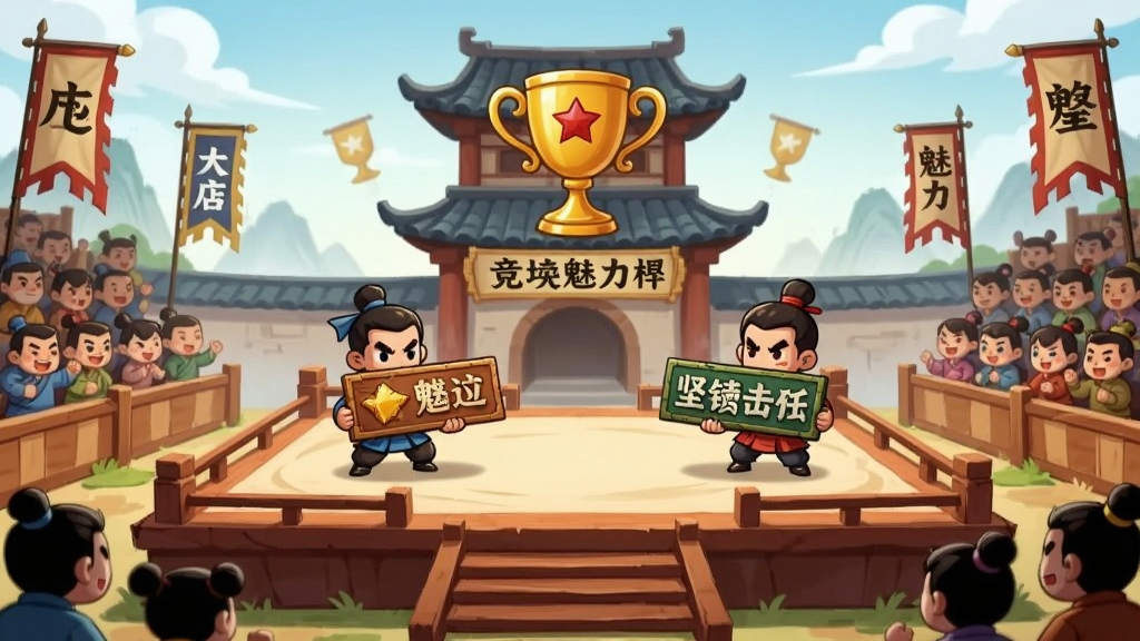 大店小二竞技赛事晋级赛场景插画,画面中央是古代擂台风格的比赛场地,两侧设有观众席与旗帜,参赛者站在擂台上展示店铺招牌,背景有坚毅杯与魅力杯的字样,整体风格为古风竞技卡通,画质清晰,布局大气,干净无杂乱元素
