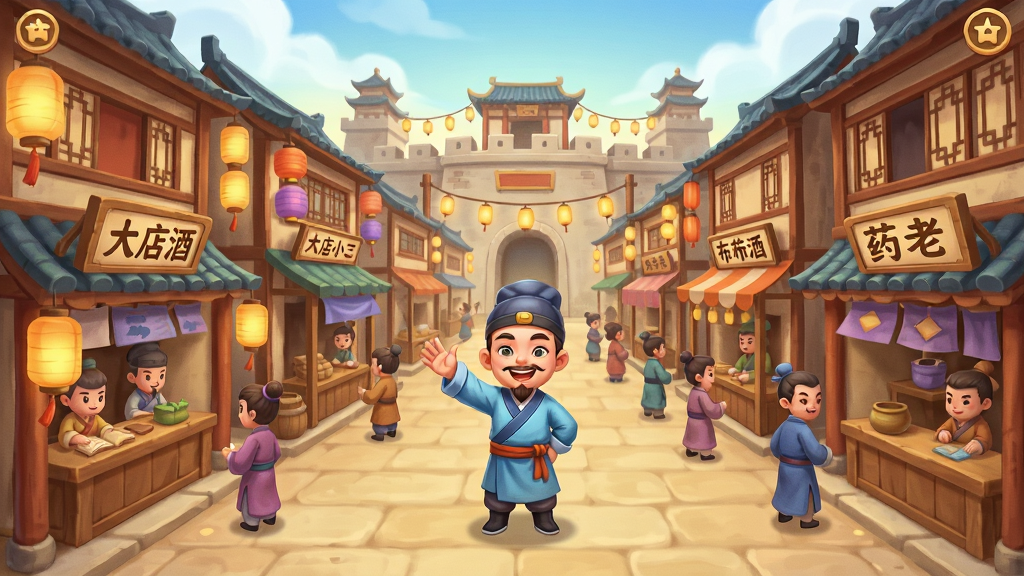 大店小二古风经营手游主界面全景展示,画面中央是热闹的古代商业街道,两侧分布着酒楼、布庄、药铺等店铺,店小二角色站在街道中央挥手迎客,远处有城墙与灯笼装饰,整体采用暖色调古风卡通渲染风格,细节丰富,画质清晰,干净无多余元素