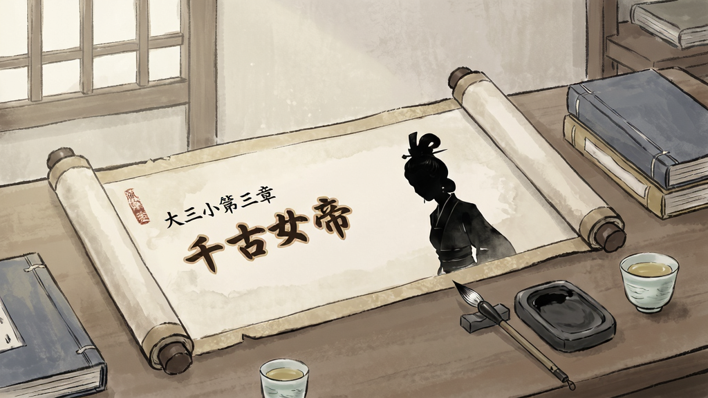 大店小二剧情章节推进界面展示图,画面呈现古代书房场景,桌上摊开一卷画轴,画轴上显示第三章千古女帝的标题与人物剪影,旁边有毛笔、砚台与茶杯,风格为古风手绘,色调柔和,画质细腻,干净无多余元素