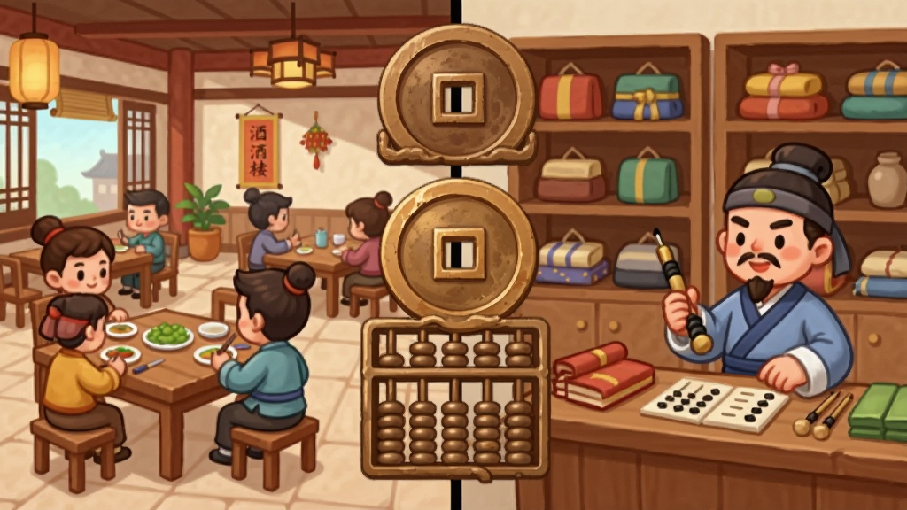 大店小二多店铺经营界面截图风格插画,画面分为左右两部分,左侧展示酒楼内部桌椅与客人用餐场景,右侧展示布庄货架与掌柜算账画面,中间用古代铜钱与算盘元素连接,整体布局对称,风格统一为古风卡通,画质清晰,干净整洁