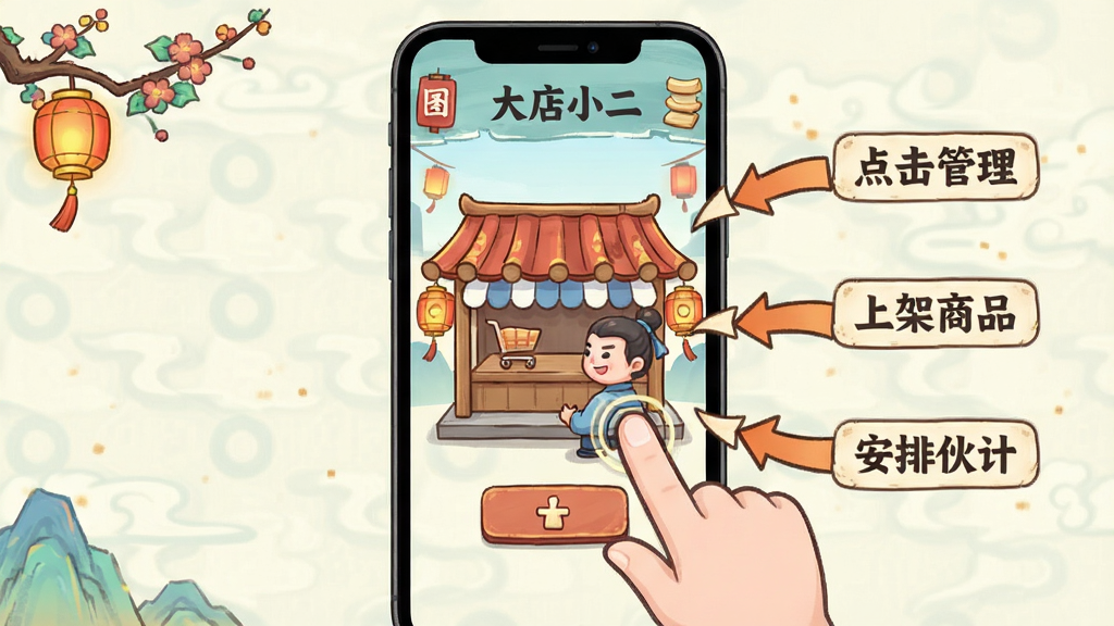 大店小二新手操作指引界面示意图,画面展示手机屏幕中游戏主界面与手指点击店铺的交互动作,旁边有箭头标注“点击管理”“上架商品”“安排伙计”等步骤,风格简洁明快,古风卡通元素点缀,画质清晰,布局直观,干净无多余文字