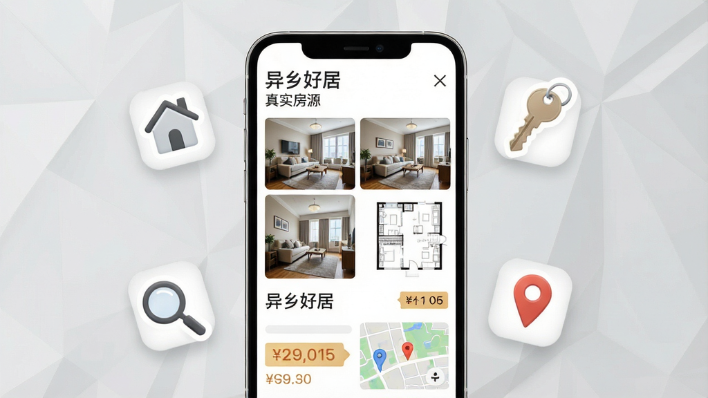 异乡好居房源浏览界面,画面展示一部手机屏幕上的公寓详情页,页面包含多张公寓实拍图、房型平面图、价格标签和地理位置地图,手机旁边漂浮着房屋、钥匙、放大镜和地图定位图标,背景为浅灰色几何纹理,整体风格现代简约,排版清晰,屏幕中文字显示“异乡好居”和“真实房源”,画质干净高清,无多余装饰元素