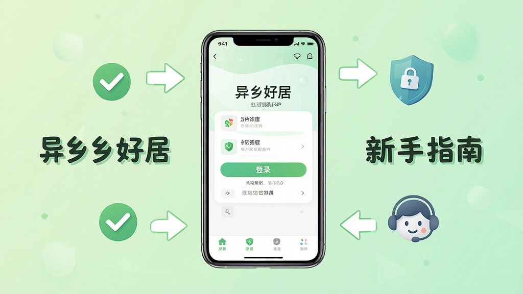 异乡好居新手使用指南示意图,画面中央是一部手机显示异乡好居APP的注册登录页面,周围环绕着步骤箭头、勾选图标、盾牌安全图标和客服耳机图标,背景为浅绿色渐变,整体风格清新友好,画面中文字标注“异乡好居”和“新手指南”,高清画质,干净整洁,无多余元素
