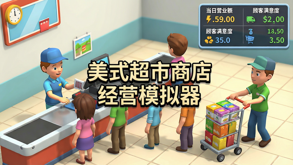 一张3D模拟经营游戏画面,展示超市收银台前排队的顾客,收银员正在扫码,旁边有理货员推着补货车,画面右上角显示当日营业额与顾客满意度数据,画面中央有“美式超市商店经营模拟器”文字标识,风格为美式卡通,画质高清,干净整洁