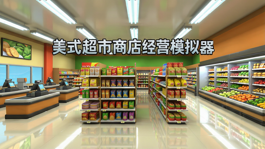 一张美式大型超市内部全景图,画面中央是整齐排列的货架,货架上摆满各类商品,左侧是收银台区域,右侧是生鲜冷藏区,地面干净反光,天花板有明亮的日光灯管,画面风格为3D卡通渲染,细节丰富,画质清晰,干净无多余元素,画面中悬浮文字“美式超市商店经营模拟器”