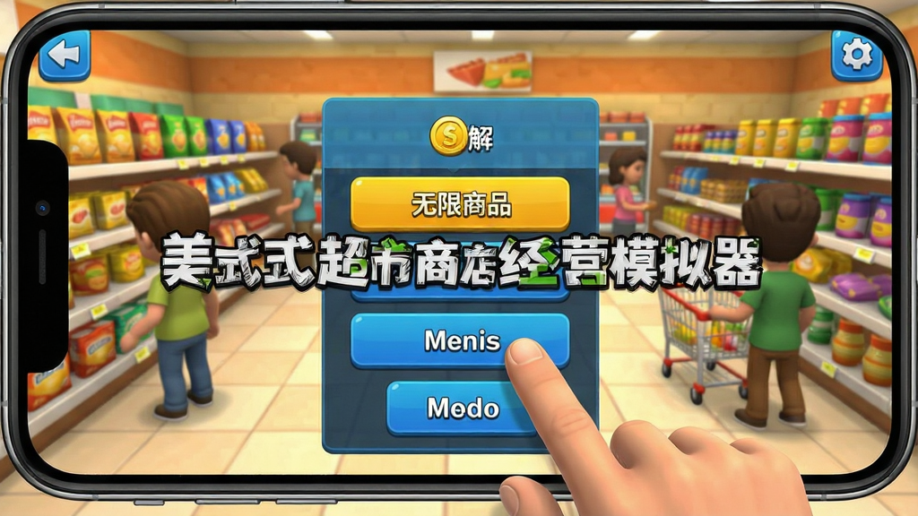 一张手机游戏操作界面截图,画面展示玩家正在手机屏幕上点击MOD菜单按钮,菜单弹出无限金币、解锁全商品等选项,背景是超市货架与顾客,画面风格为3D卡通,画质清晰,画面中央有“美式超市商店经营模拟器”文字,干净无多余元素
