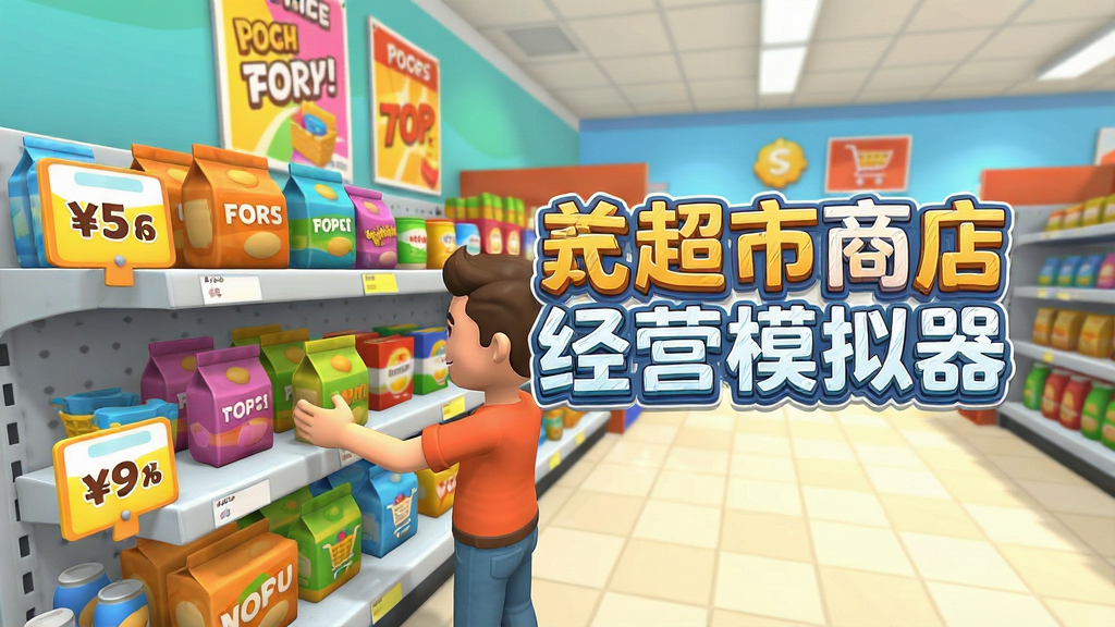 一张3D卡通风格的游戏截图,画面展示玩家正在拖动货架上的商品,货架旁有价格标签和促销海报,背景是超市通道,画面中央有悬浮的“美式超市商店经营模拟器”游戏标题文字,风格明亮活泼,画质清晰,干净无多余元素