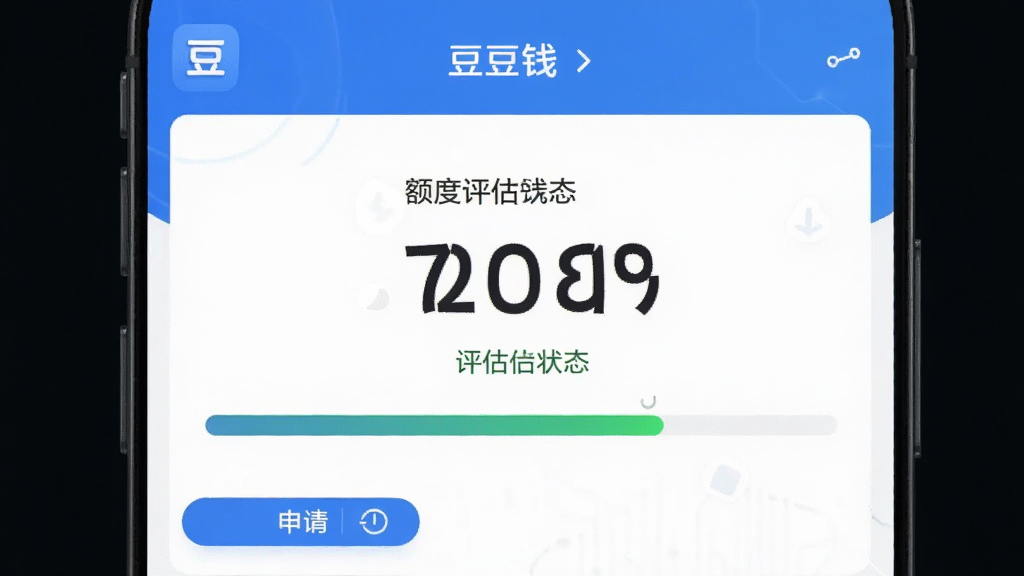 画面主体为“豆豆钱”应用内的额度评估界面,布局为手机屏幕竖版展示,排版突出数字额度与评估进度条,风格为简约商务科技风,细节包括额度数字、评估状态、申请按钮,画质清晰,干净无杂乱元素