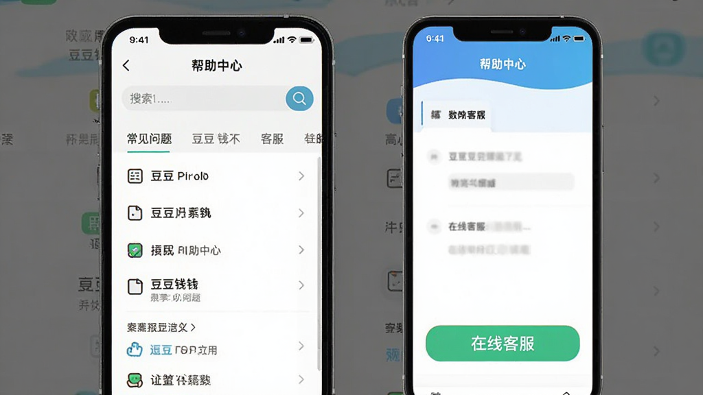 一张展示“豆豆钱”应用帮助中心或客服界面的图片,主体为手机屏幕,布局包含常见问题列表和在线客服按钮,排版清晰,风格为简洁实用型,细节有搜索框和分类标签,画质高清,无杂乱背景