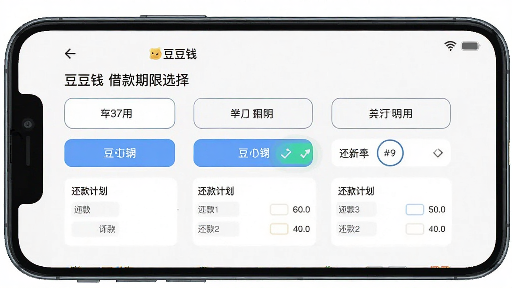 一张展示“豆豆钱”借款期限选择页面的图片,主体为手机界面,布局包含多个期限选项按钮和对应的还款计划预览,排版整齐,风格清爽扁平化,细节有选中状态高亮,画质高清,无多余装饰