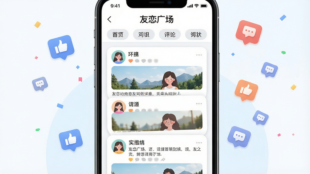 һ��չʾ������̬�㳡���ܵĲ廭�������������ֻ���Ļ����Ļ����ʾ�ٲ�����̬��Ƭ��ÿ�ſ�Ƭ�����û�ͷ��ͼƬ��������������Ļ�Ϸ��з����ǩ����������Ư���ĵ��޺�����ͼ�꣬���ֲ��ô�ֱ��ʽ�Ű棬���Ϊ�����罻UI�廭��ϸ�ڰ��������Ŀ�Ƭ���ݺͱ�ǩ���֣����ʸ��壬���������ֱ�ע�������㳡��