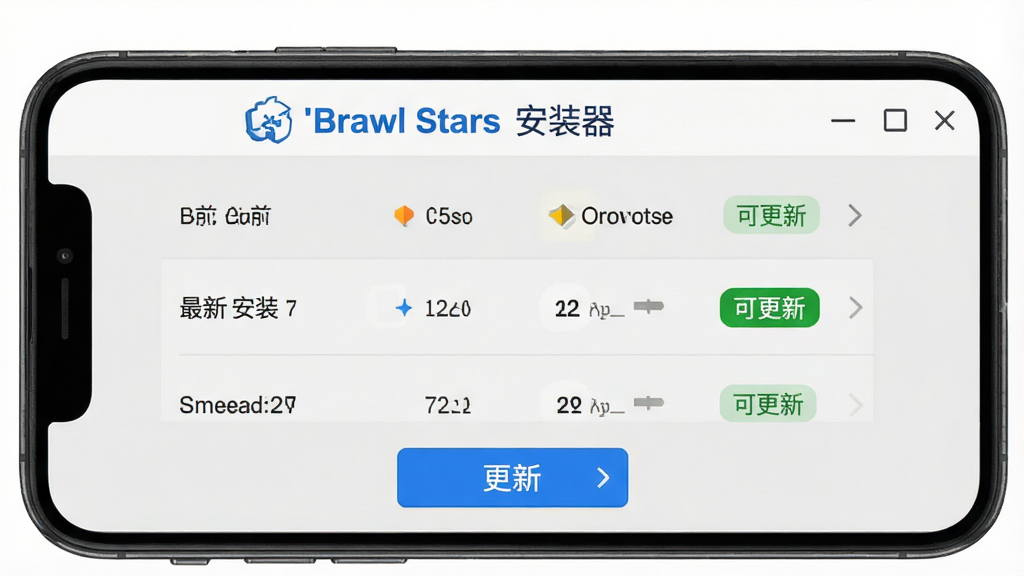 һ��չʾBrawl Stars��װ���汾����ҳ����ֻ�����ͼƬ���������ֻ���Ļ��ʾ�汾�б�����ǰ�汾�����°汾�Ա����У����°汾������ɫ'�ɸ���'��ǩ������ײ�����ɫ���°�ť������Ϊǳ��ɫ��������������ʾ'Brawl Stars��װ��'��ɫ���֣���������ˬ��Լ�����廭�ʣ��޶���Ԫ��
