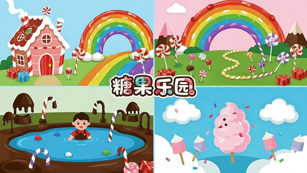 һ��չʾ�ǹ���԰������ⳡ����ƴ�����ͼƬ�������Ϊ�ĸ�����ֱ�����ǹ��ݡ��ʺ�ȡ��ɿ��������޻����ƶ䣬���ֲ������ָ��Ű棬���Ϊ��ƽ����ͨ�廭��ϸ����ÿ���������ж��ص��ǹ�װ�κͻ���Ԫ�أ����������ɾ��޶���Ԫ�أ������д��С��ǹ���԰�����ֱ�ʶ