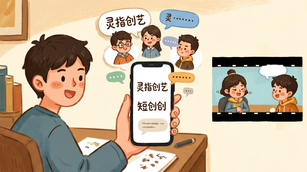 画面主体为一位年轻创作者坐在书桌前,手持手机使用“灵指创艺”,手机上方浮现出由文字指令转化而成的短剧角色与对话气泡,角色形象为卡通风格,布局采用左中右三分法,左侧为创作者,中间为手机与指令流,右侧为生成的短剧画面预览,风格为温暖手绘插画,细节上表情生动、气泡有层次,画质高清,干净无多余元素