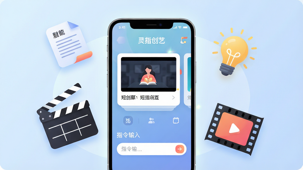 画面中央展示一部智能手机,屏幕中显示“灵指创艺”应用界面,界面内包含短剧分镜卡片与指令输入框,手机周围环绕漂浮的剧本图标、场记板、创意灯泡与视频胶片元素,背景为柔和的浅蓝渐变,整体布局采用居中构图,风格为现代扁平科技插画,细节上手机屏幕有轻微光效,图标圆润清晰,画质为高清4K,干净整洁,无多余元素
