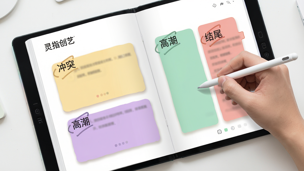 画面展示一本展开的电子剧本,剧本页面上有“灵指创艺”标志,页面内容分为多个彩色区块,分别标注开场、冲突、高潮与结尾,旁边有一支触控笔正在点击屏幕,布局为居中俯视角度,风格为清新数字笔记风格,细节上区块边缘有柔和阴影,画质高清,干净整洁,无多余元素