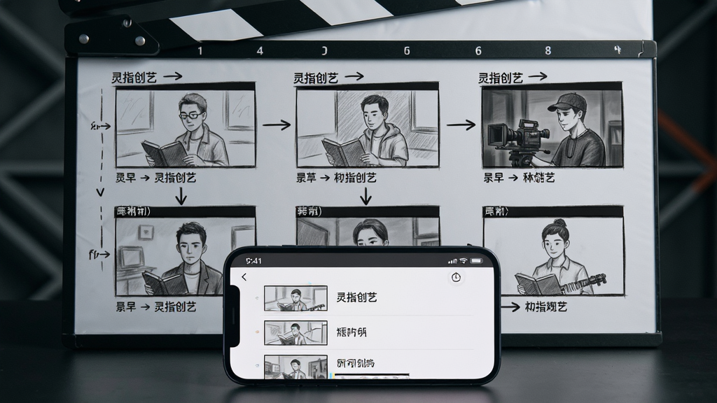 画面主体为一块导演分镜板,分镜板上排列着“灵指创艺”生成的多个分镜画面,每个画面标注景别与转场箭头,分镜板前方放置一部手机,手机屏幕显示分镜建议列表,布局为上下结构,上方为分镜板,下方为手机,风格为专业影视工业风,细节上分镜画面有铅笔草图质感,画质高清,干净无多余元素